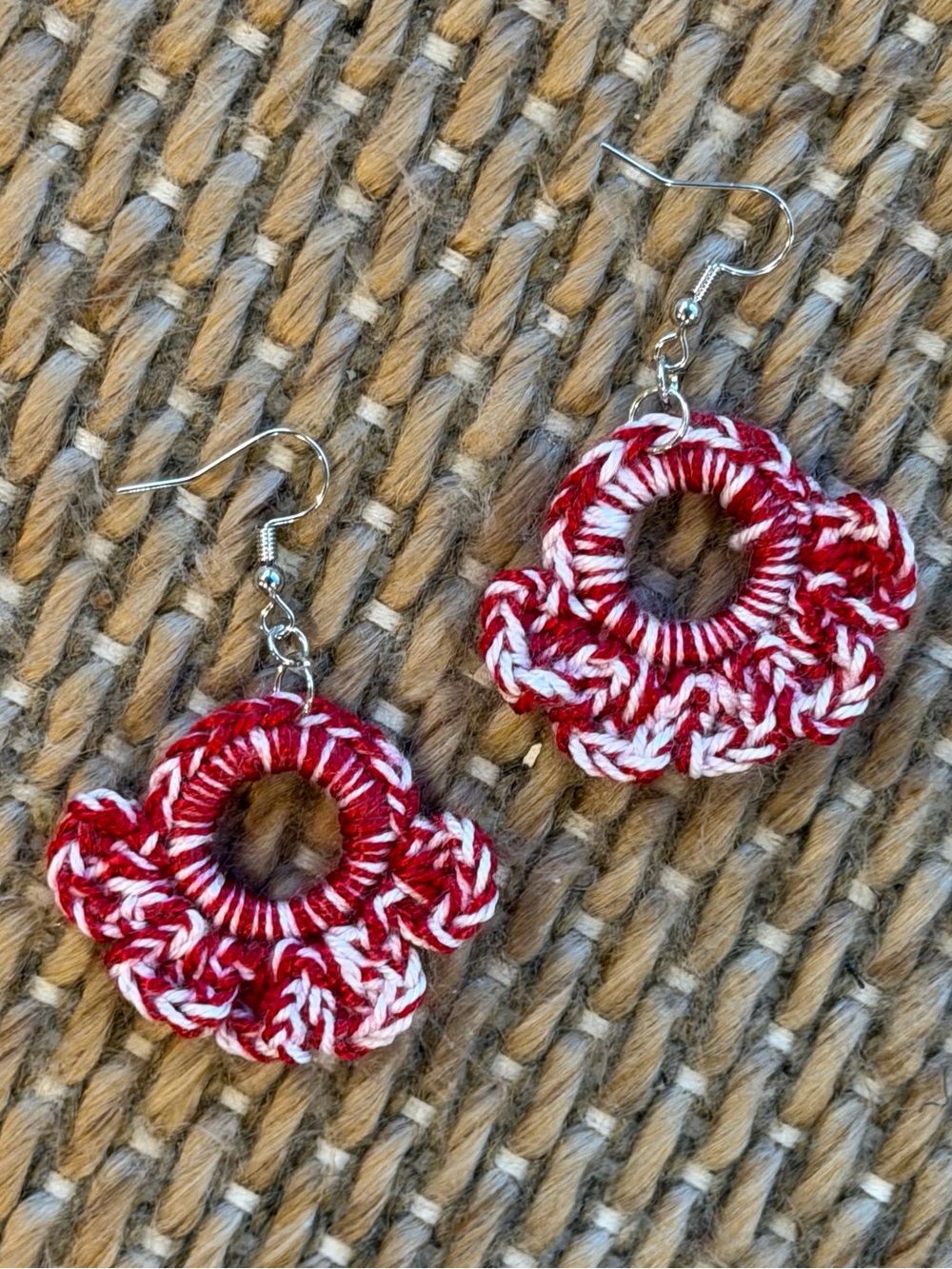 Hand Crafted Red and White Crochet Hoop Earrings